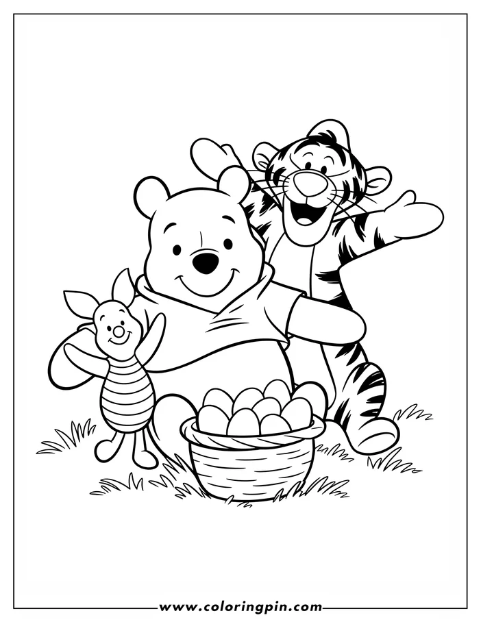 Line art of Winnie the Pooh, Tigger, and Piglet with an Easter basket. Pooh and Tigger sit beside a basket of eggs, while Piglet stands nearby.  A fun Easter coloring page design.
