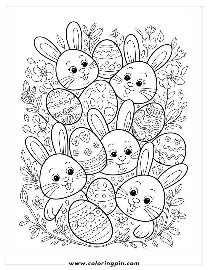 A coloring sheet design featuring six cute cartoon Easter bunnies and decorated Easter eggs, interspersed with spring flowers and leaves.