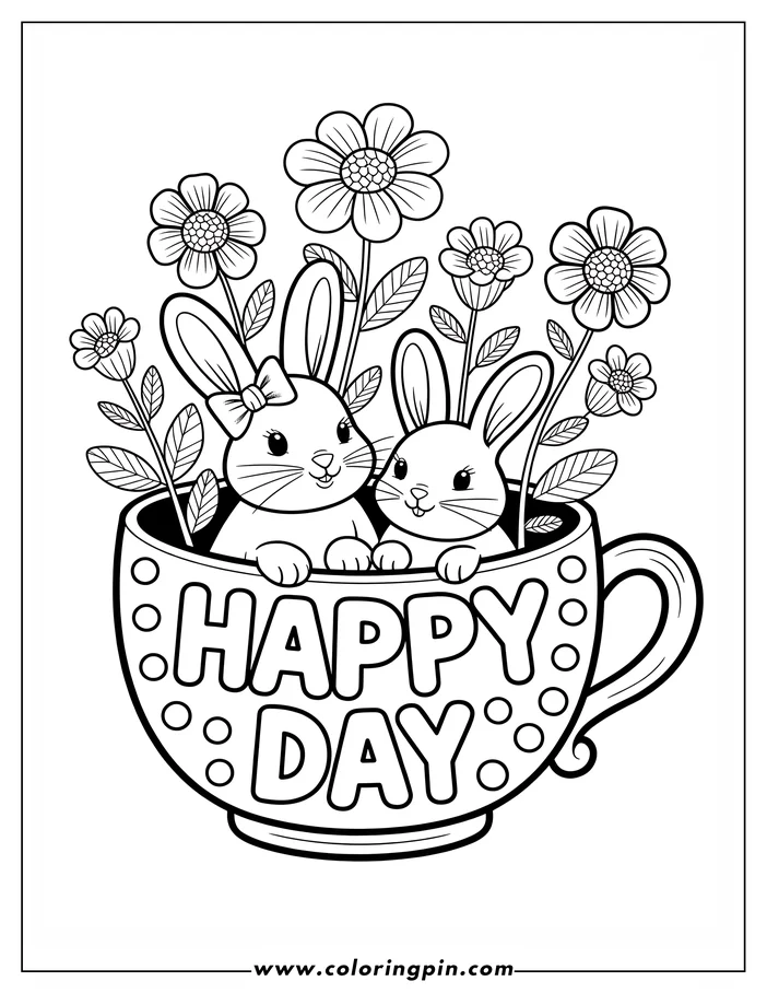 Line art of two Easter bunnies in a cup with flowers. The cup has "Happy Day" written on it. This is a design for a coloring page.