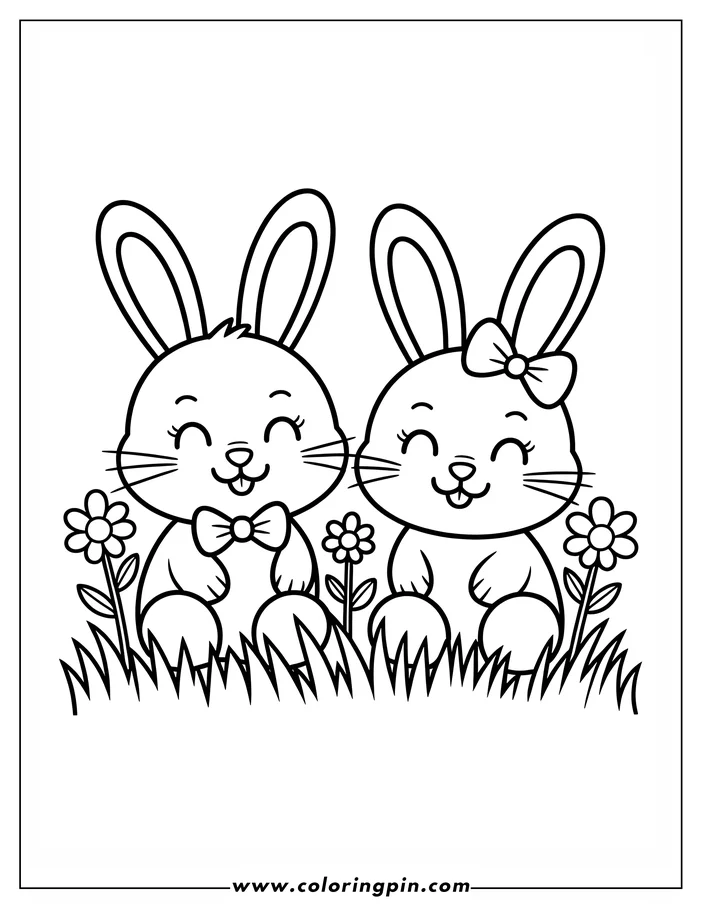 A coloring page design featuring two Easter bunnies sitting in the grass with simple flowers. The bunnies are stylized and smiling, with one wearing a bow tie and the other a bow. This line art is perfect for a festive Easter coloring activity.