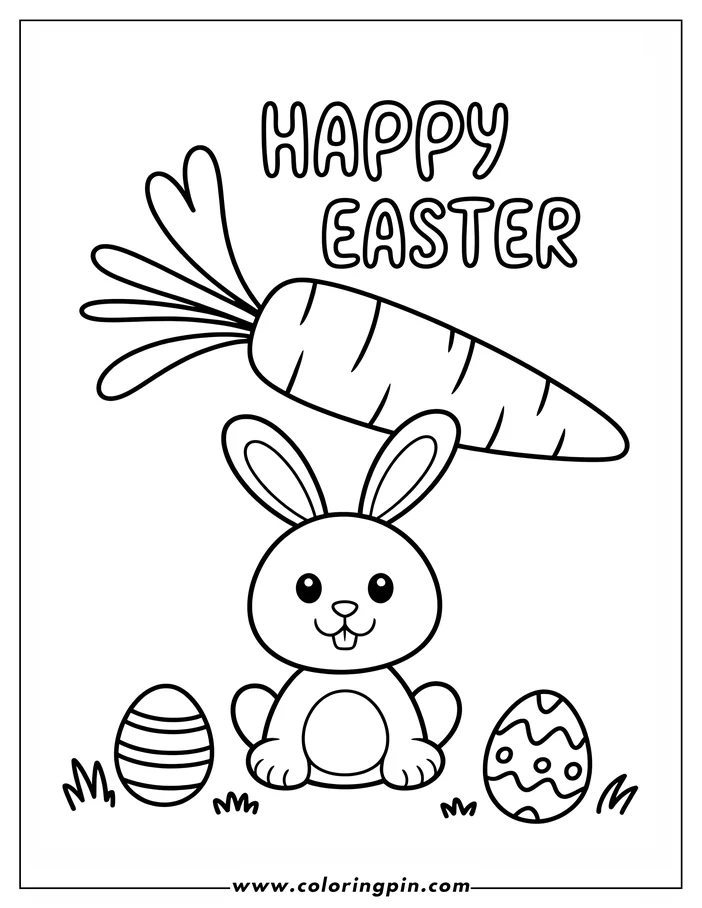 A simple line drawing of the Easter Bunny sitting beneath a large carrot, flanked by two decorated Easter eggs and tufts of grass.  The text "Happy Easter" appears above the carrot. This is a coloring page design.