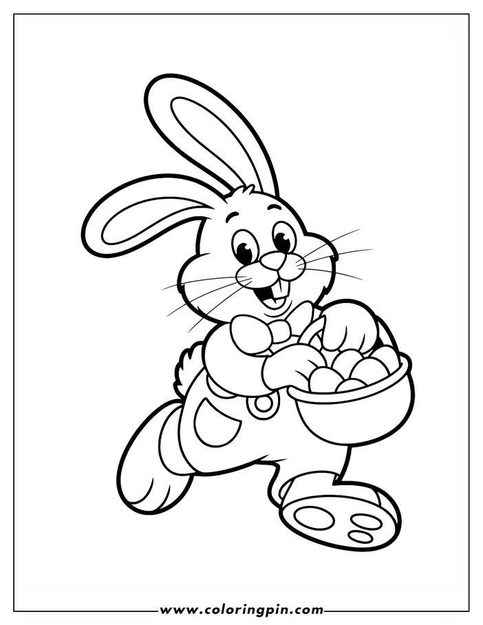 Line art of an Easter bunny carrying a basket full of Easter eggs. The bunny is wearing overalls and a bow tie and has a happy expression. This is a coloring sheet design perfect for Easter celebrations.