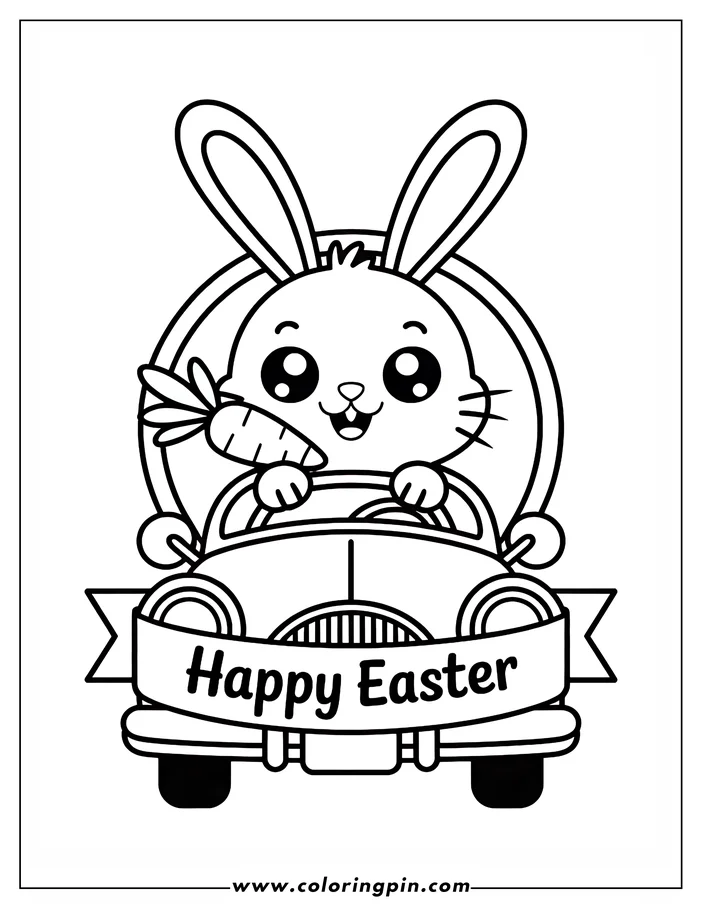 Line art of an Easter bunny driving a vintage-style car. The bunny has large eyes and holds a carrot.  A banner on the car says "Happy Easter." This is a design for a coloring sheet.