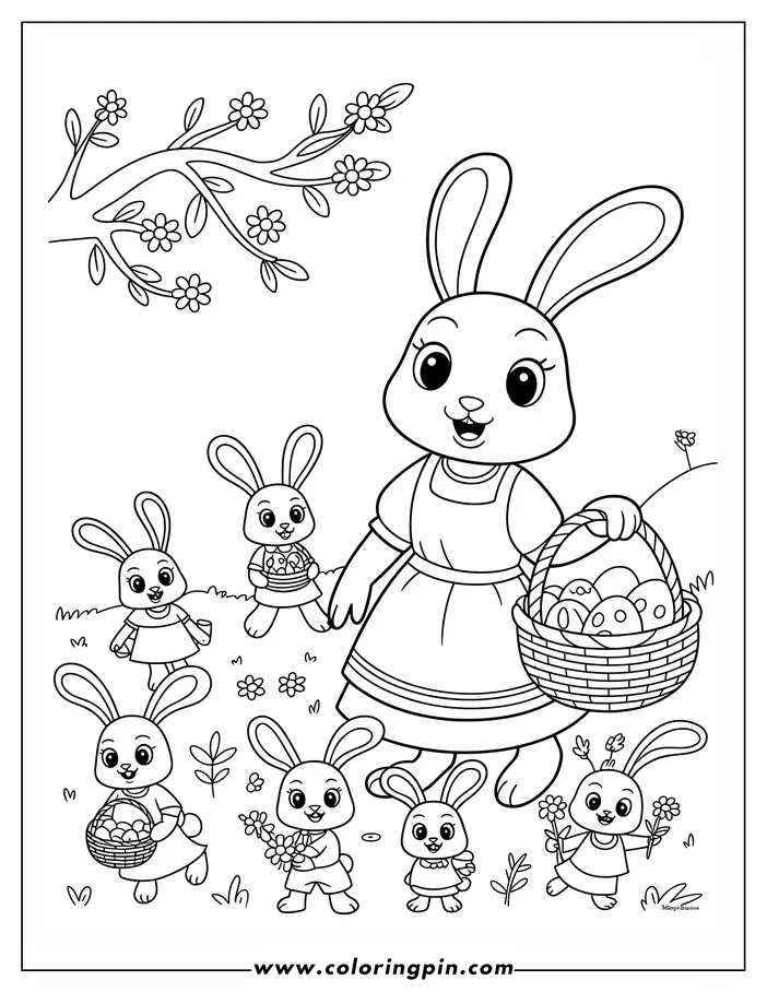 A coloring page depicting a mother Easter Bunny in a dress, holding a basket of decorated eggs. She's surrounded by her children, some carrying their own baskets and flowers, in a springtime setting with blossoms and grass.