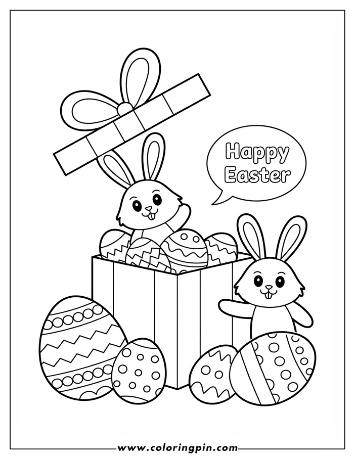 Line art illustration of two Easter bunnies and Easter eggs. One bunny sits inside an open gift box overflowing with patterned eggs, while another bunny stands next to additional eggs outside the box. The scene is a design for a coloring sheet.