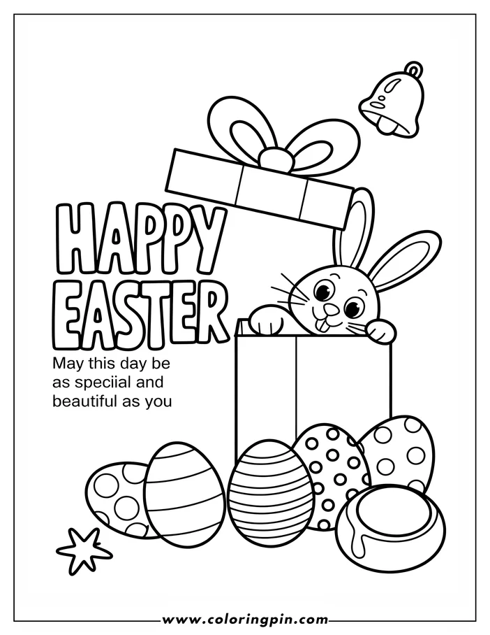 Line art of an Easter-themed coloring page depicting a bunny emerging from a gift box. Decorated Easter eggs, a chocolate egg, a bell, and a star surround the box. The text 'Happy Easter' appears in the top left corner, along with a short Easter greeting.