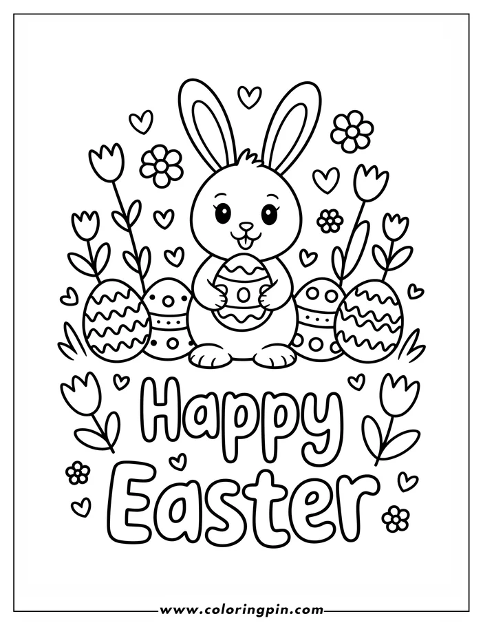 A simple, child-friendly line drawing of the Easter Bunny holding a decorated egg, surrounded by flowers and additional eggs with a "Happy Easter" message. This coloring page design is perfect for kids.