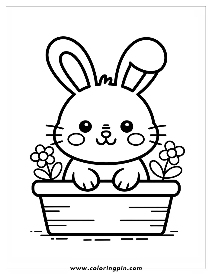 Simple line art of an Easter bunny sitting in a basket, with small flowers on either side.  A sweet, cartoon-style drawing designed as a coloring sheet for kids.