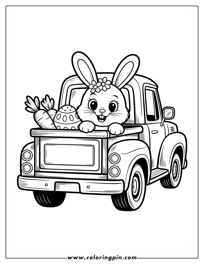 Line art of the Easter Bunny sitting in the back of a pickup truck, with carrots and an Easter egg. This is a coloring page design.
