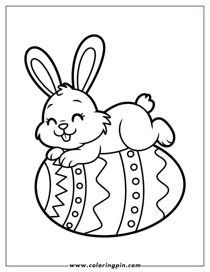 Line art of an Easter Bunny resting on a decorated Easter egg. The bunny has a content expression, and the egg features various patterns, suitable for coloring.