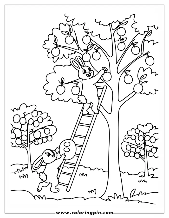 Simple, child-friendly line art of two Easter bunnies harvesting apples. One bunny climbs a ladder to reach the apples on a larger tree, while the other bunny waits below, holding a basket.  Two additional apple trees are visible in the background of this printable coloring page design.