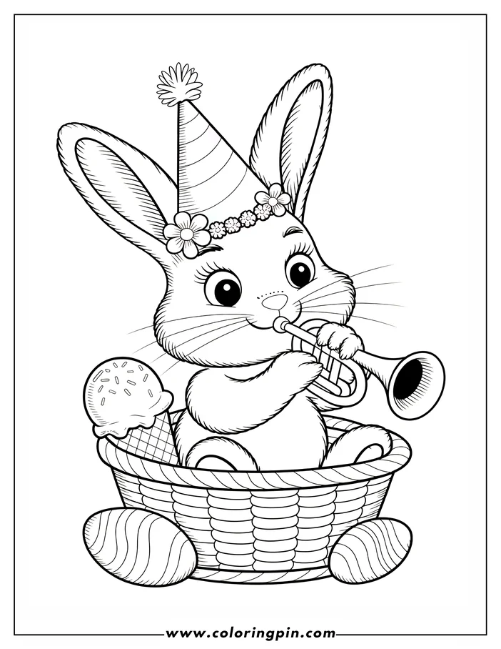 Line art of an Easter bunny sitting in a basket, playing a trumpet. The bunny wears a party hat and flower crown. An ice cream cone and decorated Easter eggs are also in the basket. This is a design for a coloring page.