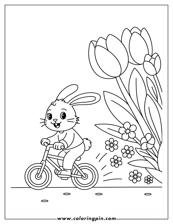 Line art of an Easter Bunny riding a bicycle. The bunny has a happy expression and is moving from left to right. Beside the bunny is a bunch of tulips. This is a design for a coloring sheet.