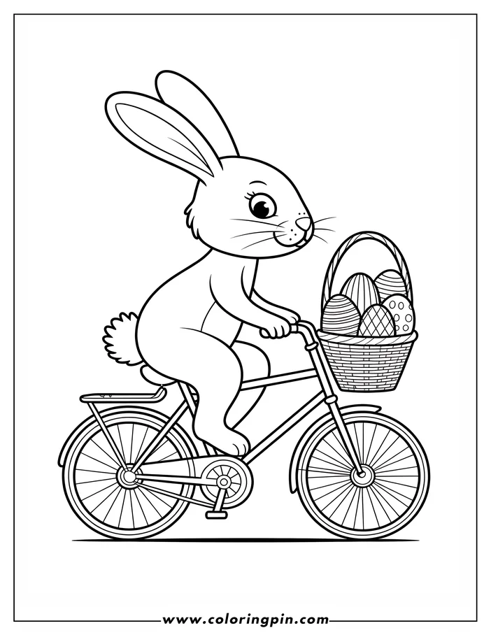 Line art depicting an Easter Bunny riding a bicycle with a basket of decorated Easter eggs. The scene is a simple, child-friendly design ready for coloring.