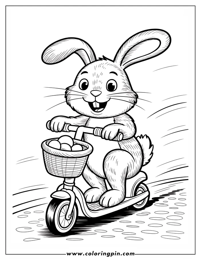 Line art of the Easter Bunny riding a scooter. He's smiling and holding onto the handlebars. A basket on the front of the scooter is filled with Easter eggs. This is a coloring page design.