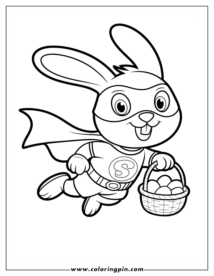 Line art of a cartoon Easter Bunny dressed as a superhero and flying with a basket of Easter eggs. The bunny wears a cape, mask, and suit. Perfect for a fun holiday coloring activity.