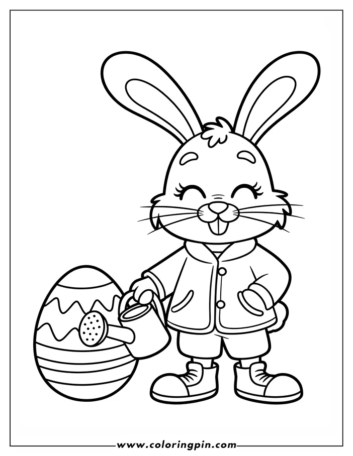 Line art of an Easter bunny wearing a jacket and sneakers, watering a large decorated Easter egg. The bunny is smiling and has a tuft of fur on its forehead. The egg has wavy lines and stripes. This is a coloring page design.