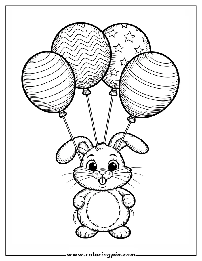 Line art of an Easter bunny holding four balloons. The balloons have various patterns, including stripes, waves, and stars. The bunny is smiling and ready for coloring.