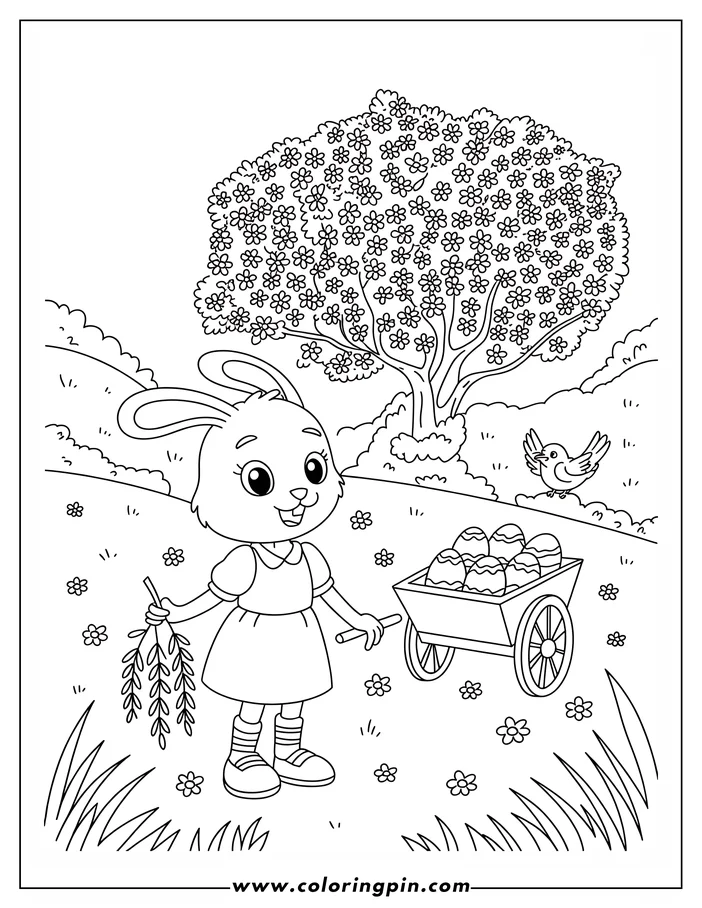 Line art of the Easter Bunny pulling a cart of decorated eggs. She wears a dress, striped socks and shoes, and holds pussy willow branches. A bird and a flowering tree complete the springtime scene. This is a coloring page design.