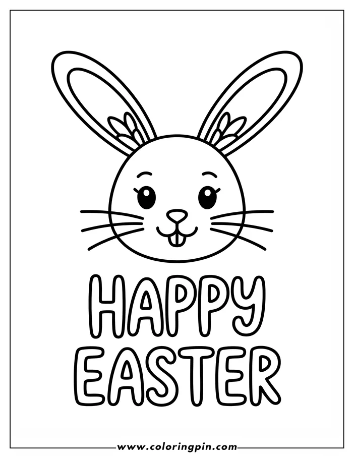 Simple line art of the Easter Bunny's face with large ears and a cheerful smile. The words 'Happy Easter' are written below, making this a festive coloring sheet design.