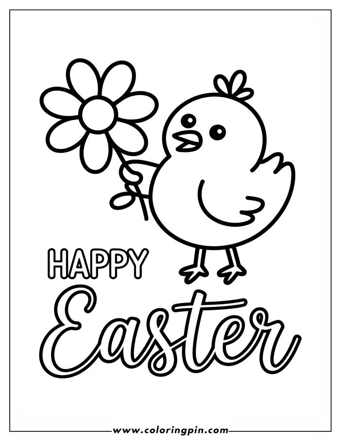 Simple line art of an Easter chick holding a flower. The words "Happy Easter" are written below. Designed as a coloring sheet.