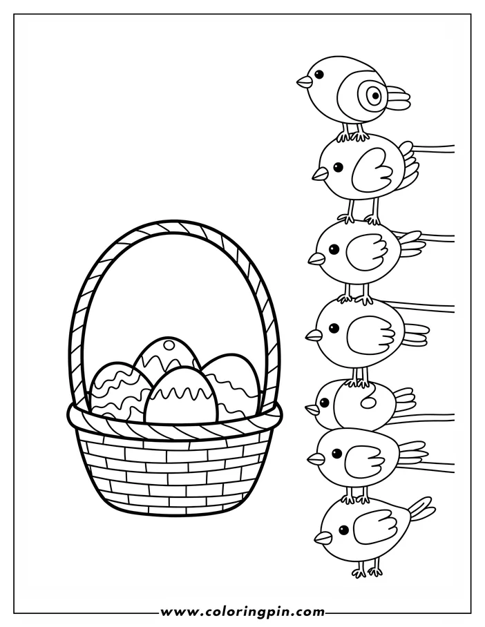 Line art illustration of an Easter basket filled with decorated eggs and a group of small birds standing on top of each other. This is a design for a coloring page.