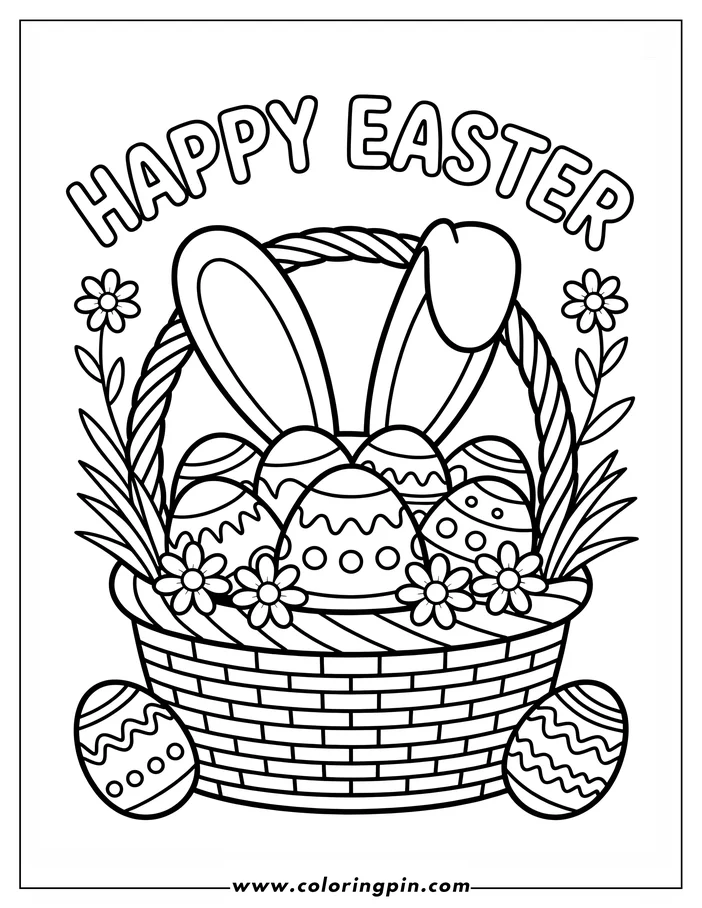 Line art illustration of an Easter basket overflowing with patterned Easter Eggs and adorned with bunny ears.  Decorated eggs are also shown beside the basket. The words "Happy Easter" are written above the basket. This drawing is a coloring sheet design.