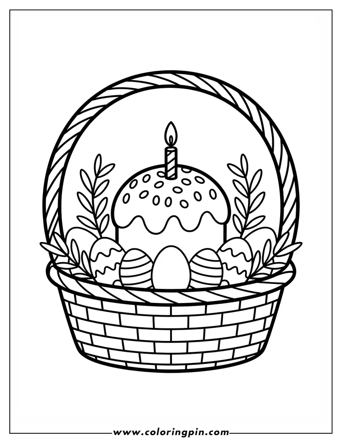 Line art of an Easter basket coloring page. The basket is filled with decorated eggs, sprigs, and an Easter cake with a lit candle on top. 