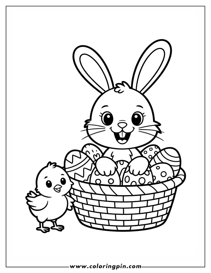 Line art of an Easter scene with a bunny sitting in a basket full of decorated eggs and a small chick beside the basket, ready for coloring.