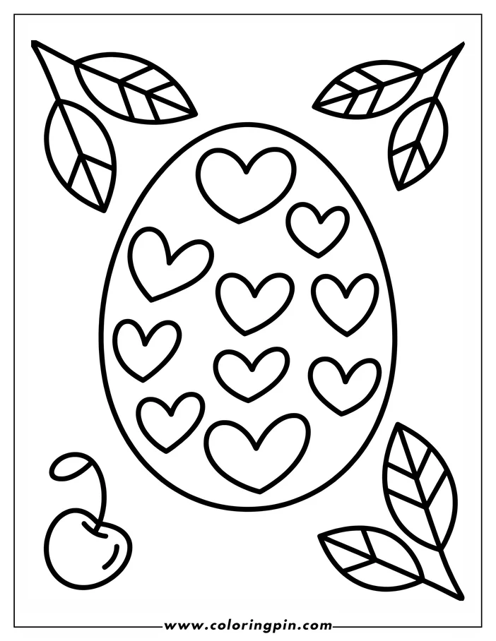 A simple coloring page design featuring an Easter egg covered in hearts. Leaves and a single cherry are scattered around it.  This is a printable coloring sheet, perfect for Easter activities.