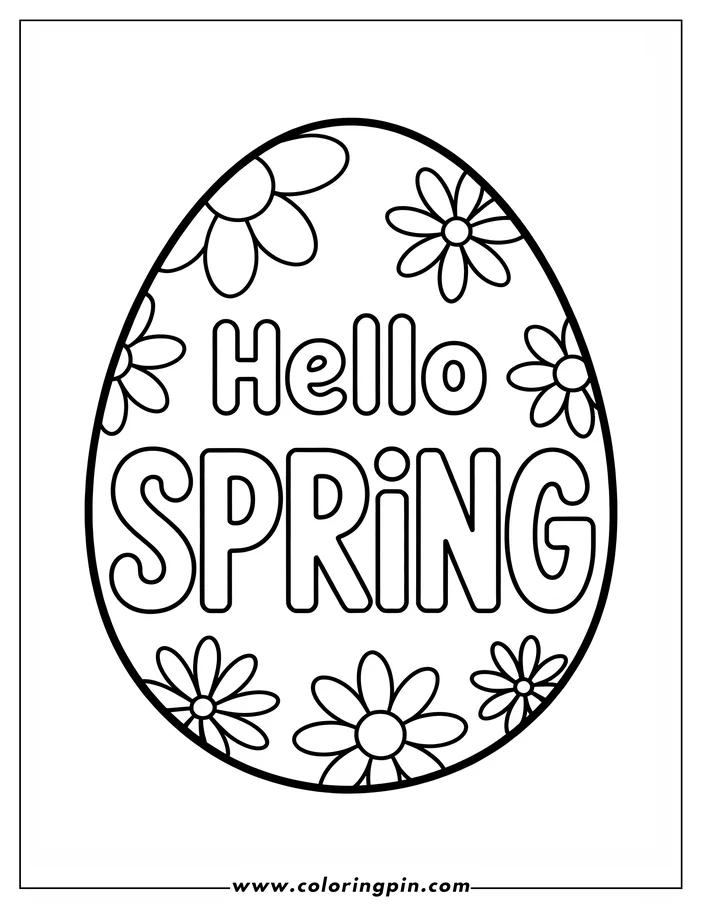 Simple line art of an Easter egg decorated with flowers and the message "Hello Spring", designed as a coloring sheet.