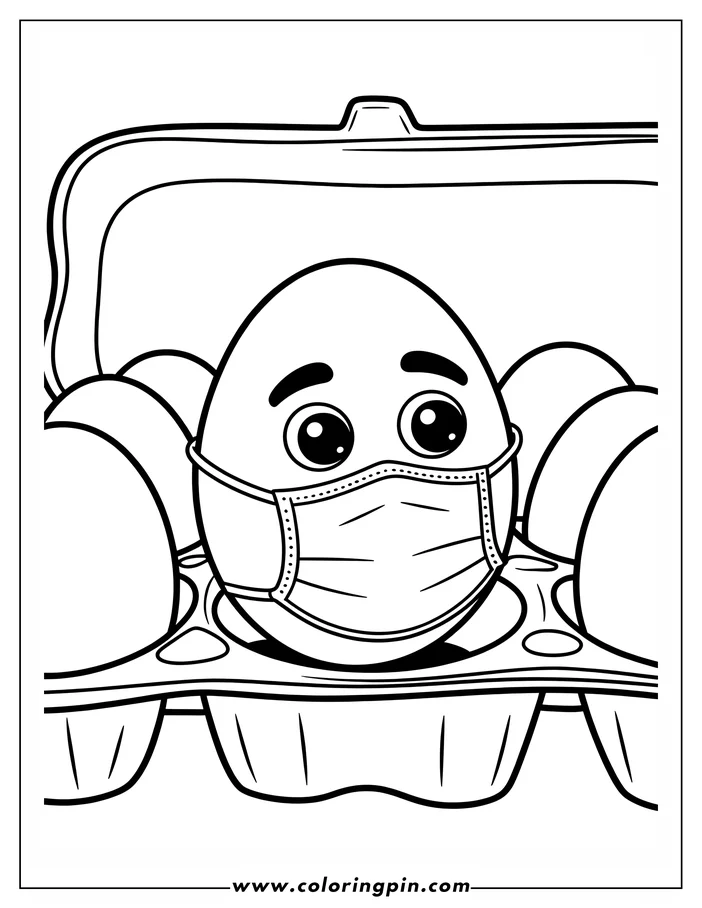 Line art of an Easter egg wearing a face mask, nestled in a carton with other eggs, ready for coloring.