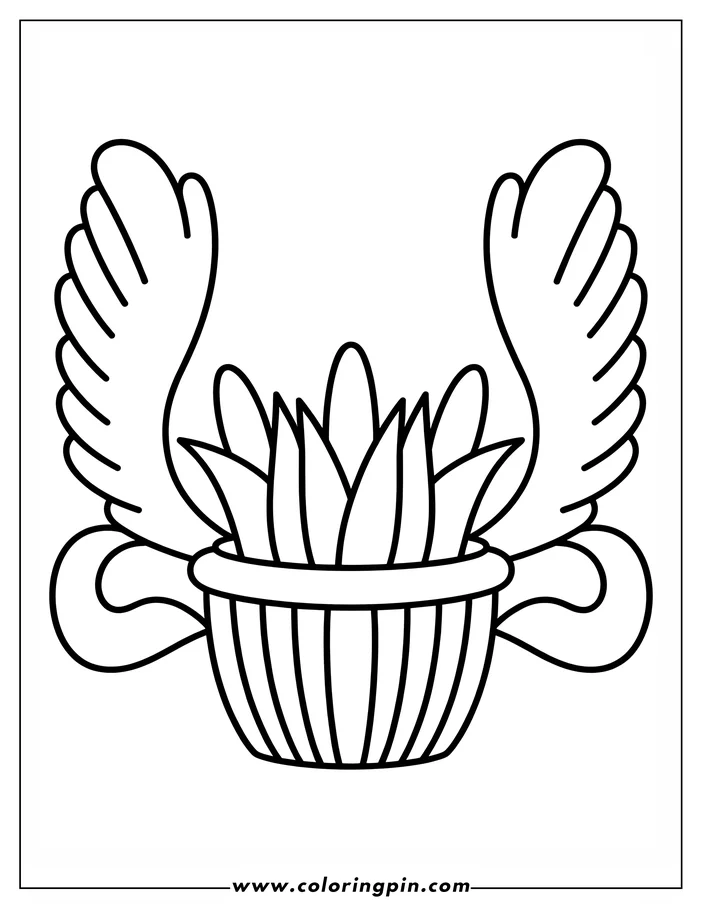 Line art of a stylized Easter egg emerging as a plant from an ornate pot with wings. The egg and pot form the central focus, while large wings extend on either side, creating a fantastical design suitable for a coloring page.