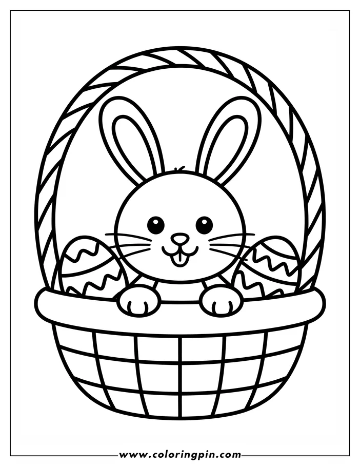 Line art of an Easter basket containing a cheerful bunny and two decorated eggs. The bunny's head and paws are visible over the rim of the basket, creating a cute and festive scene ready for coloring.