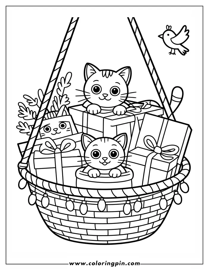 A coloring page depicting three cats nestled in a basket filled with Easter eggs and presents, suspended from above. A small bird flies nearby. This is a simple, cartoon-style outline.