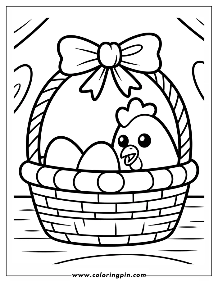 Simple line art of an Easter egg in a basket with a chick peeking out, designed for coloring. The basket sits on a wooden table and has a bow tied to it. The chick and eggs are outlined, ready for coloring.