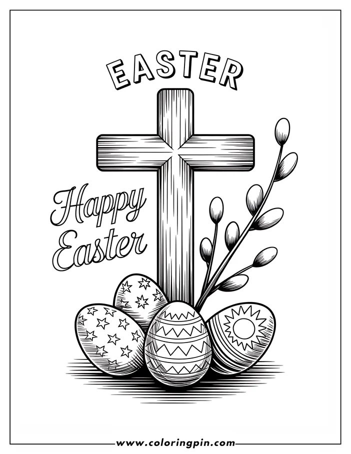 Line art illustration of three Easter eggs with different patterns, placed in front of a wooden cross. A branch with buds is positioned next to the cross. This image is designed as a coloring page.
