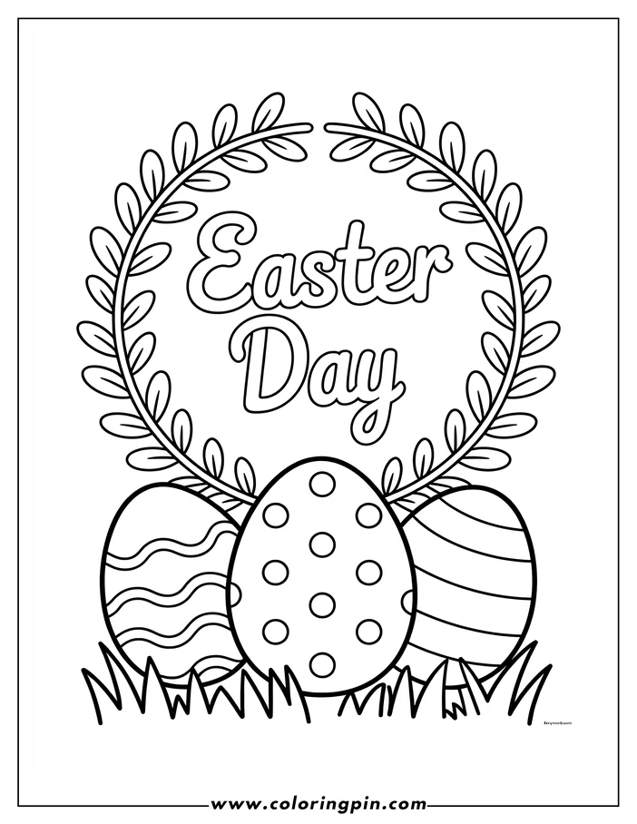 Line art illustration of three Easter eggs nestled in the grass, beneath a decorative leafy border and text saying 'Easter Day'. Each egg features a different pattern: wavy lines, polka dots, or stripes. Designed as a printable coloring page for the Easter holiday.