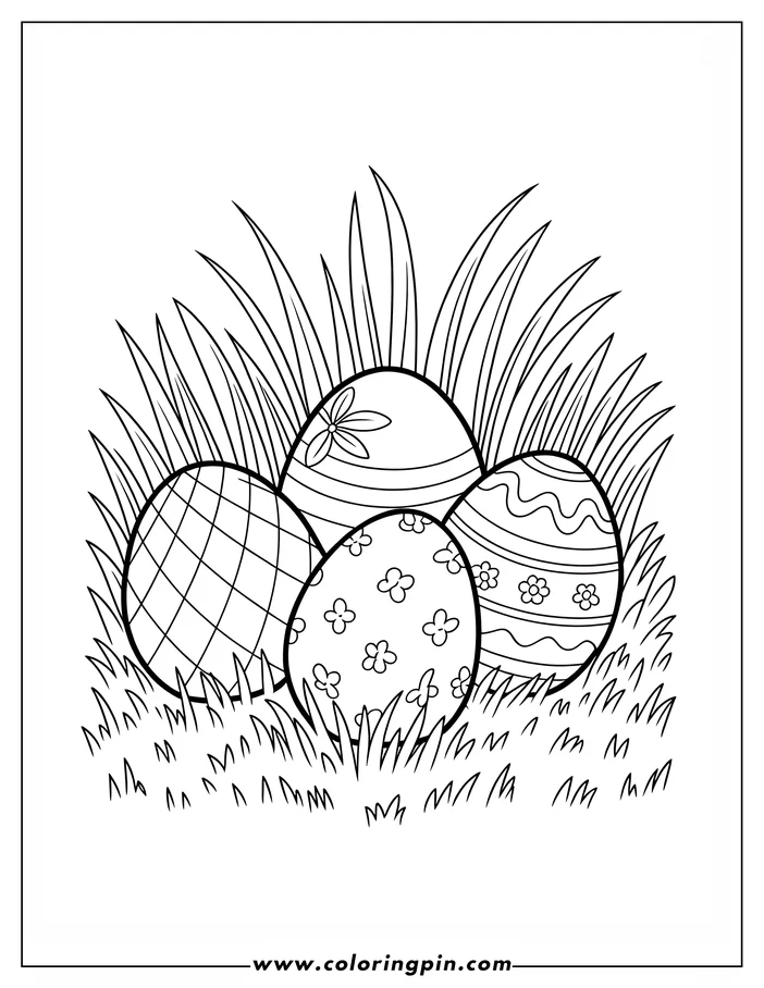 Line art of four decorated Easter eggs nestled in grass. Each egg features a different pattern, including flowers, crisscross lines, and wavy stripes, creating a cheerful Easter-themed coloring page design.