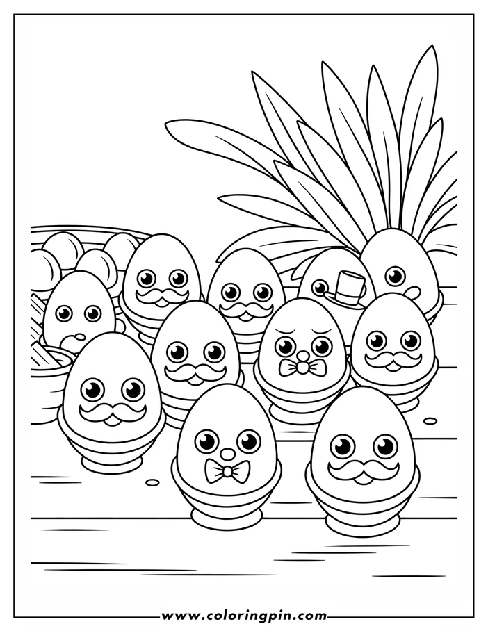 Coloring page with a group of Easter eggs, each with a unique funny face. Some have mustaches, some resemble bunnies with bow ties, and one wears a top hat.  A carton of plain eggs and a leafy plant complete the scene.