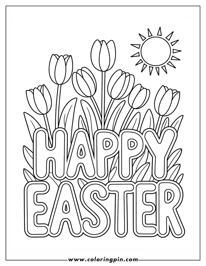 Line art of a simple Easter-themed coloring page depicting a bunch of tulips with a shining sun, perfect for kids' coloring activity.
