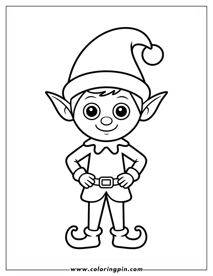 Line drawing of a cheerful elf, dressed in traditional attire.