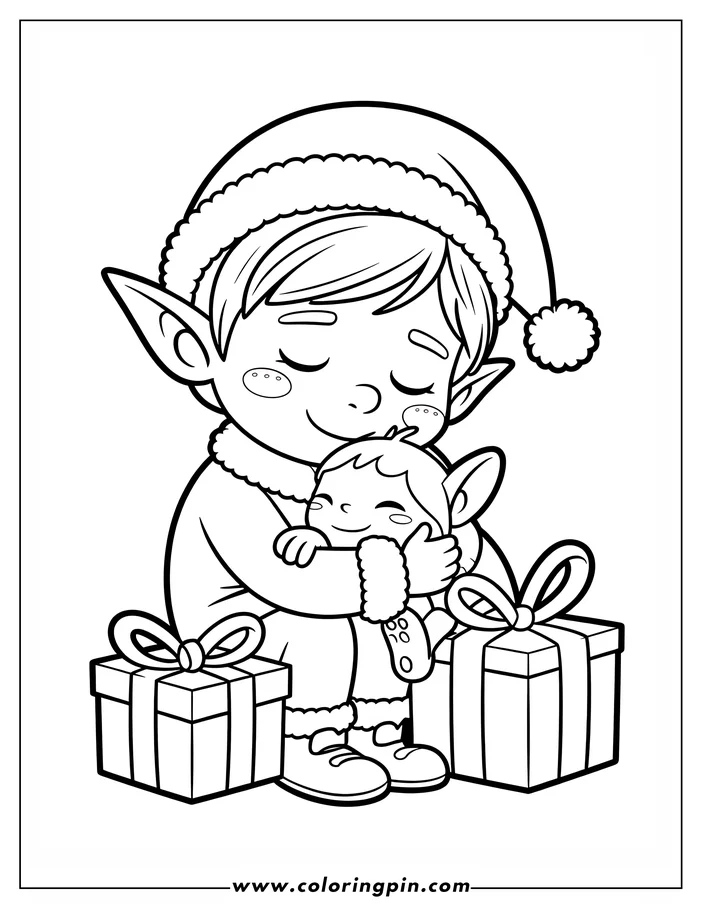 Line art of a Christmas elf holding a baby elf with Christmas presents.