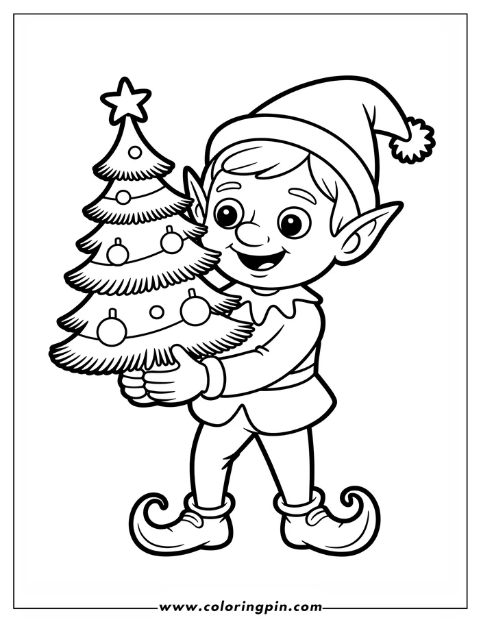 Outline of a cheerful cartoon elf holding a decorated Christmas tree.