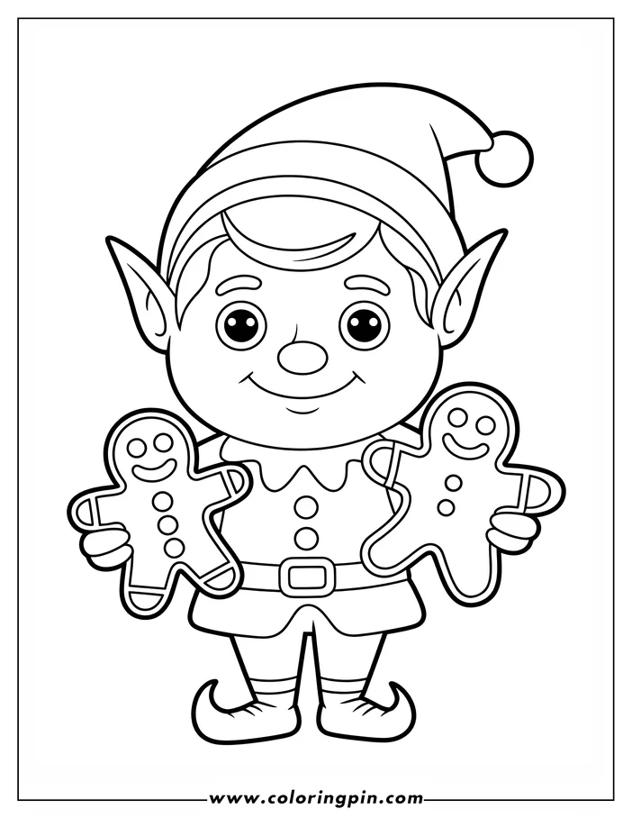 Outline of a cheerful Christmas elf holding two gingerbread men cookies.