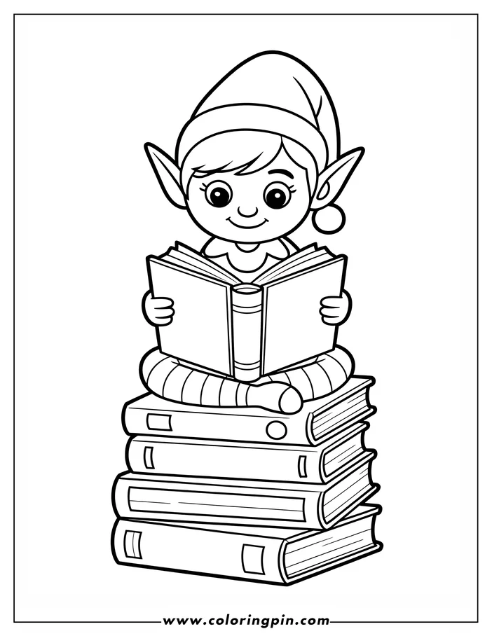 Outline of a cartoon elf sitting cross-legged on a stack of books, reading another book