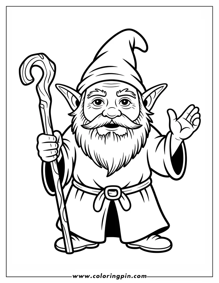 Line art of an elf holding a staff, wearing a robe and pointed hat.