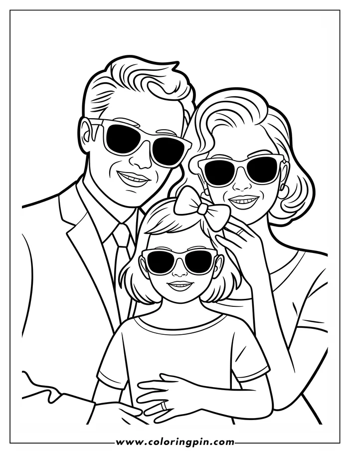 Outline of a family, a father, mother, and daughter, all wearing sunglasses and smiling.