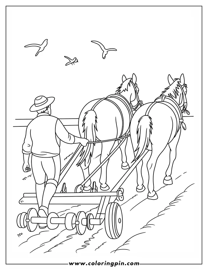 Line art of a farmer guiding two horses as they pull a plow across a field, with birds flying above.