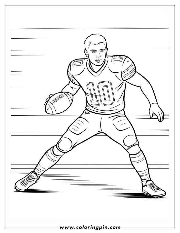 Line art of a football player running with the ball. He is wearing a jersey and striped socks.